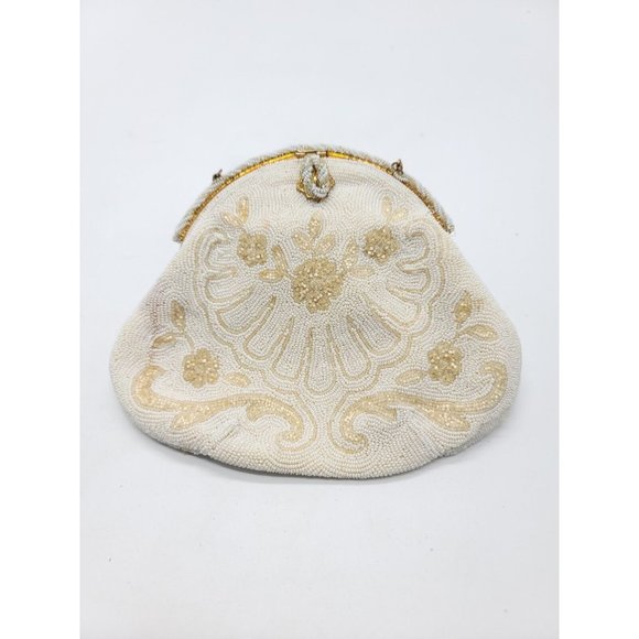 Unbranded Handbags - White Clear Glass Bead Beaded Floral Vintage Purse Clutch Evening Bag
